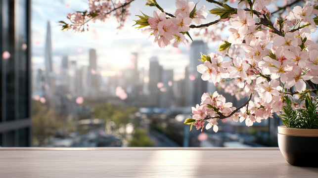 beautiful cherry blossom branch full bloom, with city skyline background, creating serene