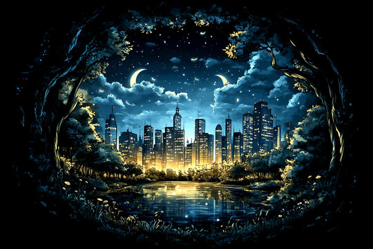 A cityscape with a lake and a moon in the sky. The city is lit up at night, creating a peaceful and serene atmosphere