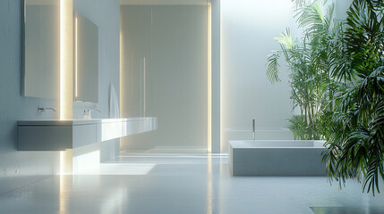minimalist bathroom featuring clean lines, modern fixtures, and lush greenery creates serene atmosphere