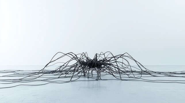 Intricate Network of Cables Resembling a Spider on a Minimalist Floor