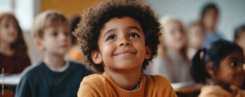 Poster Curious boy listening attentively in elementary school class