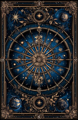 Obraz premium A blue and gold card with a starry sky and a compass. The compass is in the center of the card and surrounded by stars