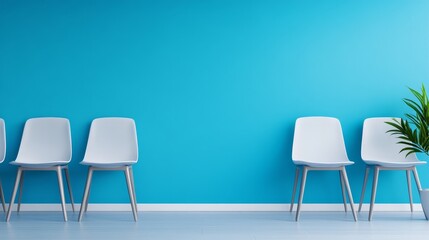 Minimalist waiting area with white chair against a vibrant blue wall and a green plant in the corner