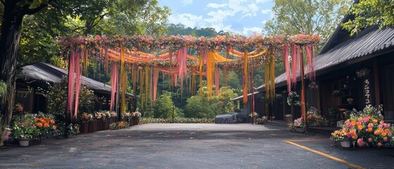 Fototapeta premium Romantic Outdoor Wedding Venue Decor Pink Orange Yellow Floral Archway