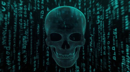 Digital Skull Icon with Overlapping Data Matrix Background Design