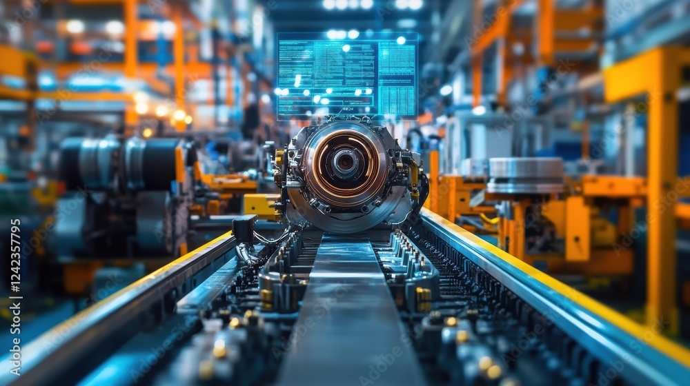 Poster automated production line featuring innovative engineering in a modern factory, highlighting a futur