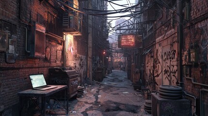 Urban Graffiti Alley Scene with Dusk Lighting and Vintage Signs