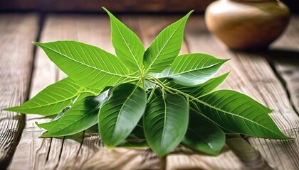 Green leaf herb on the wood background