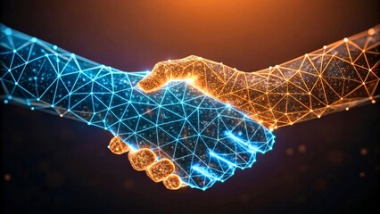 Digital handshake representing connection, collaboration, and technology in a futuristic design