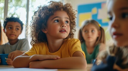 Curious young girl listening attentively in elementary school class