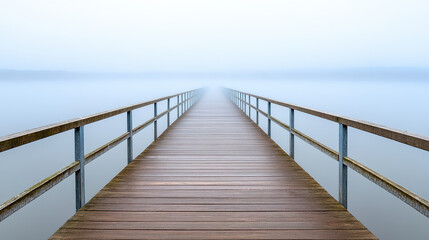 Obraz premium serene wooden pier extending into foggy lake, creating tranquil atmosphere