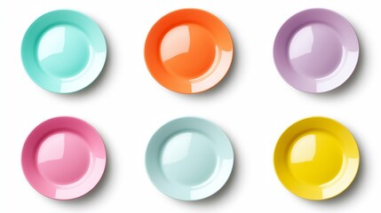 Colorful collection of round plates, isolated on white background