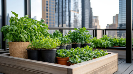 Rooftop garden oasis with potted plants and greenery in urban setting