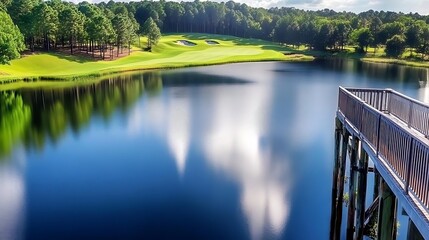Serene golf course landscape with a calm lake reflecting trees and clouds, ideal for nature enthusiasts