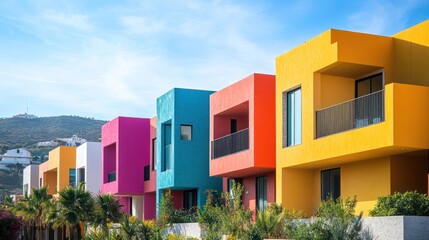 Colorful modern houses on hillside.