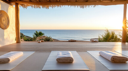 serene wellness retreat by ocean with yoga mats and beautiful sunset