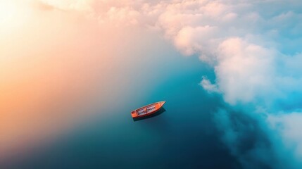 Serene Aerial View of Lonely Boat on Calm Water with Beautiful Clouds