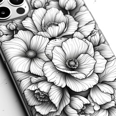 Fototapeta premium A white phone case with a flower design. The flowers are drawn in black and white. The case is made of plastic and is designed to protect the phone