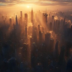 Obraz premium Dramatic Sunrise Illuminating the Sprawling Concrete Jungle of a Thriving Metropolis