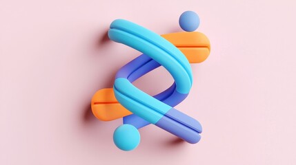 A colorful, abstract design featuring intertwined shapes in blue, purple, and orange against a soft pink background.