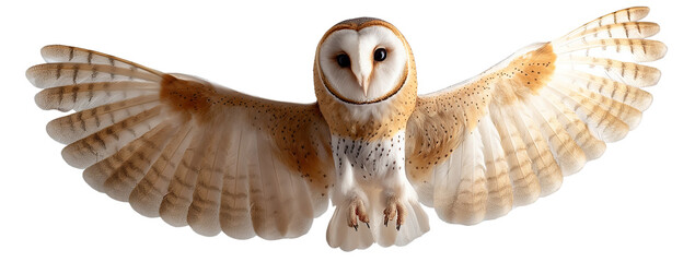 Brown white barn owl isolated on white and transparent background, cut out png