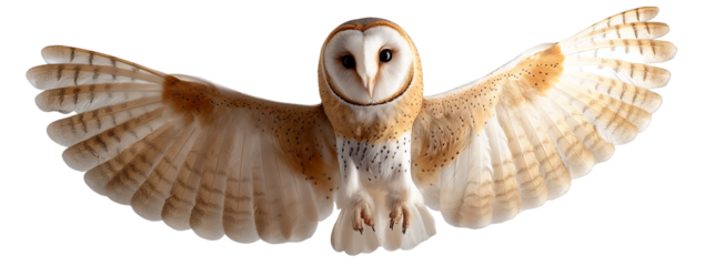 Brown white barn owl isolated on white and transparent background, cut out png