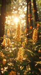 Close up of a green plant in the woods with detailed textures and natural lighting