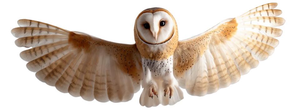 Brown white barn owl isolated on white and transparent background, cut out png