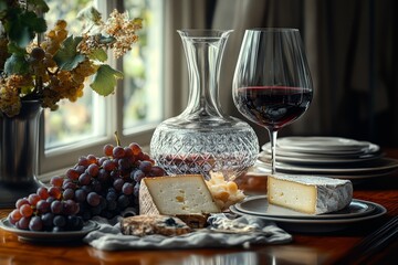 Fototapeta premium Wine, cheese, grapes on windowsill