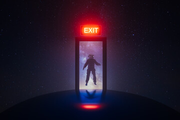 Astronaut exploring a doorway with an EXIT sign in the cosmos
