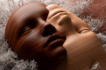 Duality of wooden faces representing contrasting emotions and textures