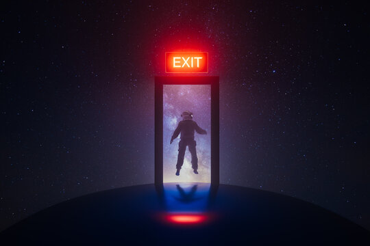 Astronaut exploring a doorway with an EXIT sign in the cosmos