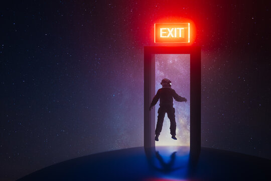 Astronaut exploring a doorway with an EXIT sign in the cosmos