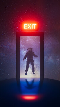 Astronaut exploring a doorway with an EXIT sign in the cosmos