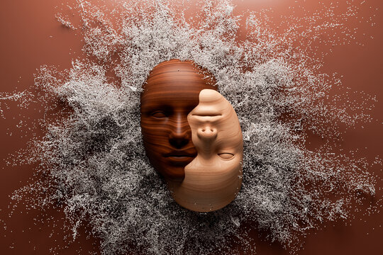 Duality of wooden faces representing contrasting emotions and textures