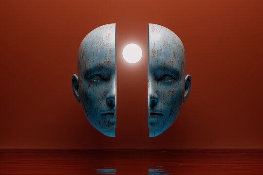 Creative expression through split heads and luminous sphere concept