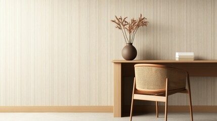 Modern minimalist workspace featuring a wooden desk, chair, and decorative vase with dried plant
