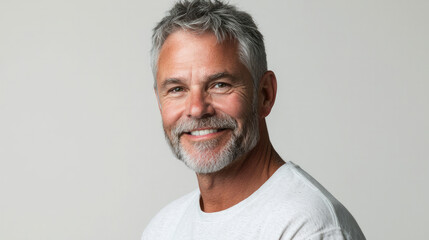 Portrait of a handsome, smiling mature man with gray hair and a short beard, generative AI