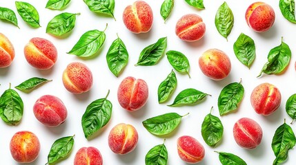 Peaches, leaves, white background, flatlay, food pattern