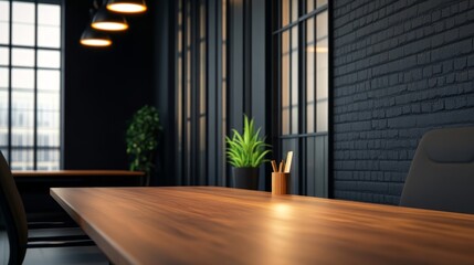 Fototapeta premium Modern office interior featuring a wooden desk, plant, and large window creating a bright atmosphere