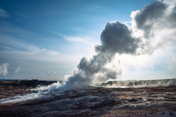 Steaming geothermal landscape at Gunnuhver hot springs on the Reykjanes Peninsula, Iceland