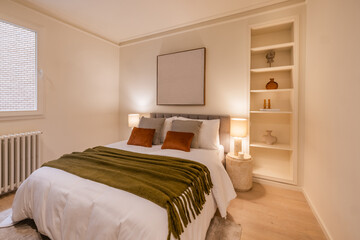 Cozy bedroom interior with modern decor and warm lighting