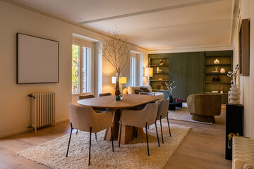 Elegant and Modern Dining Room with Neutral Tones and Art