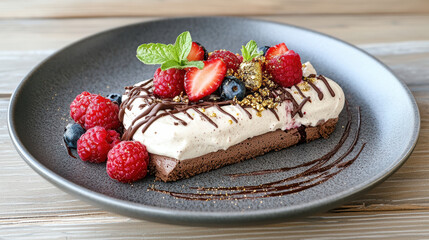 Delicious dessert plate with chocolate ganache, berries, and mint