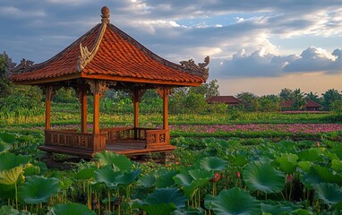 Sunset Pavilion Lotus Field Asian Garden