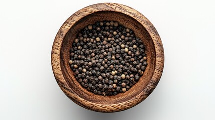 Peppercorns in wooden bowl, white background, spice, cooking