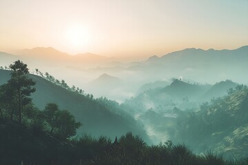 Breathtaking Mountain Sunrise with Misty Valleys and Lush Greenery in Serene Landscape
