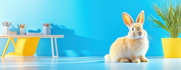 Petfluencer, pet idol, Elegant pastel product shot of a cute rabbit in a modern interior setting with colorful decor and bright blue background, perfect for adorable animal themes