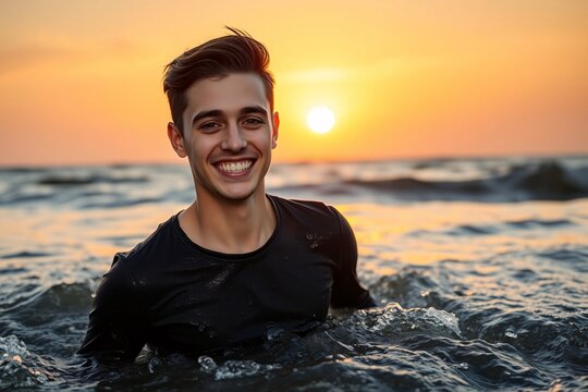 A cheerful young man enjoys a warm sunset while standing in the ocean water, expressing joy and positivity in a serene beach setting, captivating the essence of nature and human delight. - Powered by Adobe