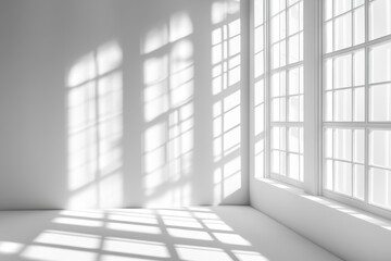 Sunlit room corner, window shadows, minimalist design, bright interior, empty space